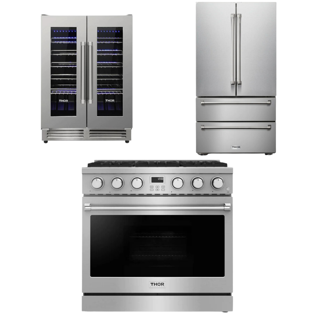 THOR Contemporary Package - 36" Gas Range, Refrigerator and Wine Cooler, AP-ARG36-A38