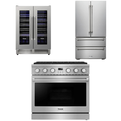 THOR Contemporary Package - 36" Gas Range, Refrigerator and Wine Cooler, AP-ARG36-A38