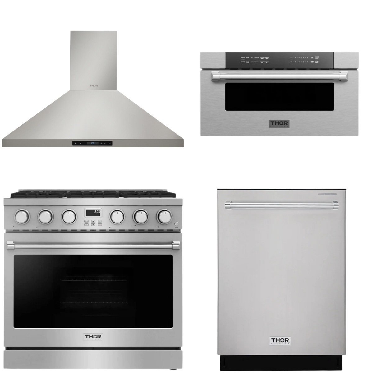 THOR Contemporary Package - 36" Gas Range, Range Hood, Dishwasher and Microwave, AP-ARG36-A51