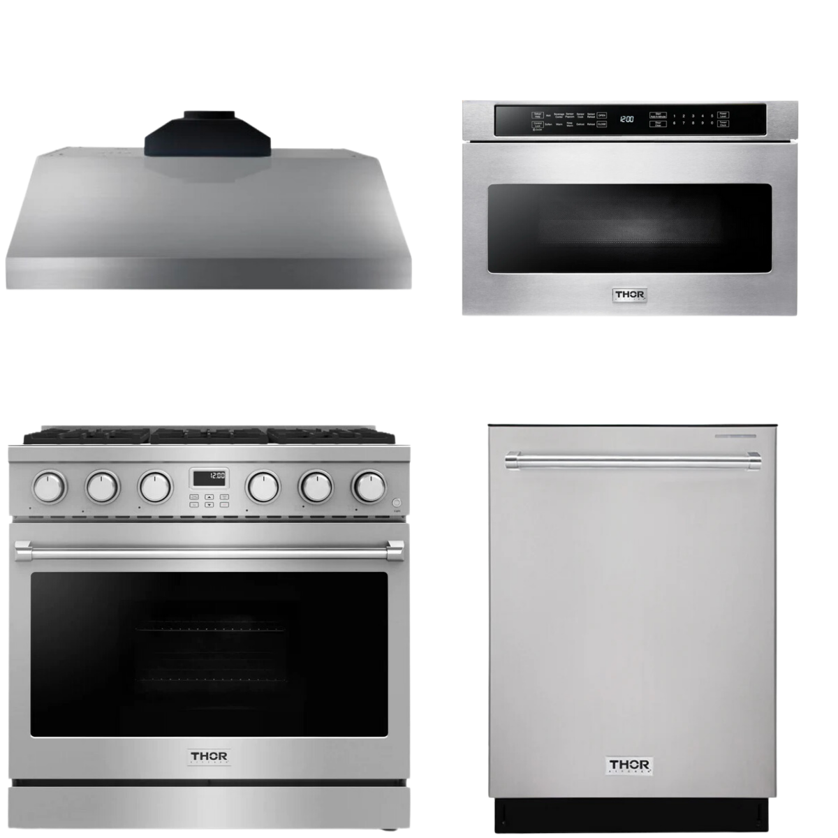 THOR Contemporary Package - 36" Gas Range, Range Hood, Dishwasher and Microwave, AP-ARG36-A54