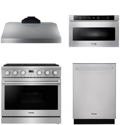 THOR Contemporary Package - 36" Gas Range, Range Hood, Dishwasher and Microwave, AP-ARG36-A54
