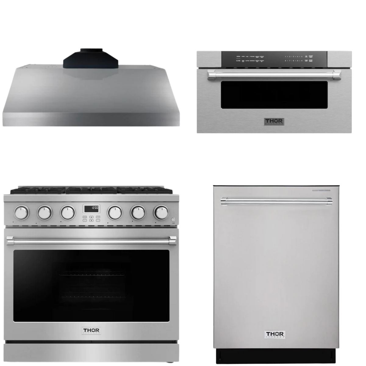 THOR Contemporary Package - 36" Gas Range, Range Hood, Dishwasher and Microwave, AP-ARG36-A55