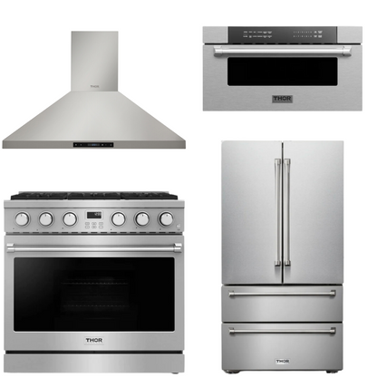 THOR Contemporary Package - 36" Gas Range, Range Hood, Refrigerator and Microwave, AP-ARG36-A61