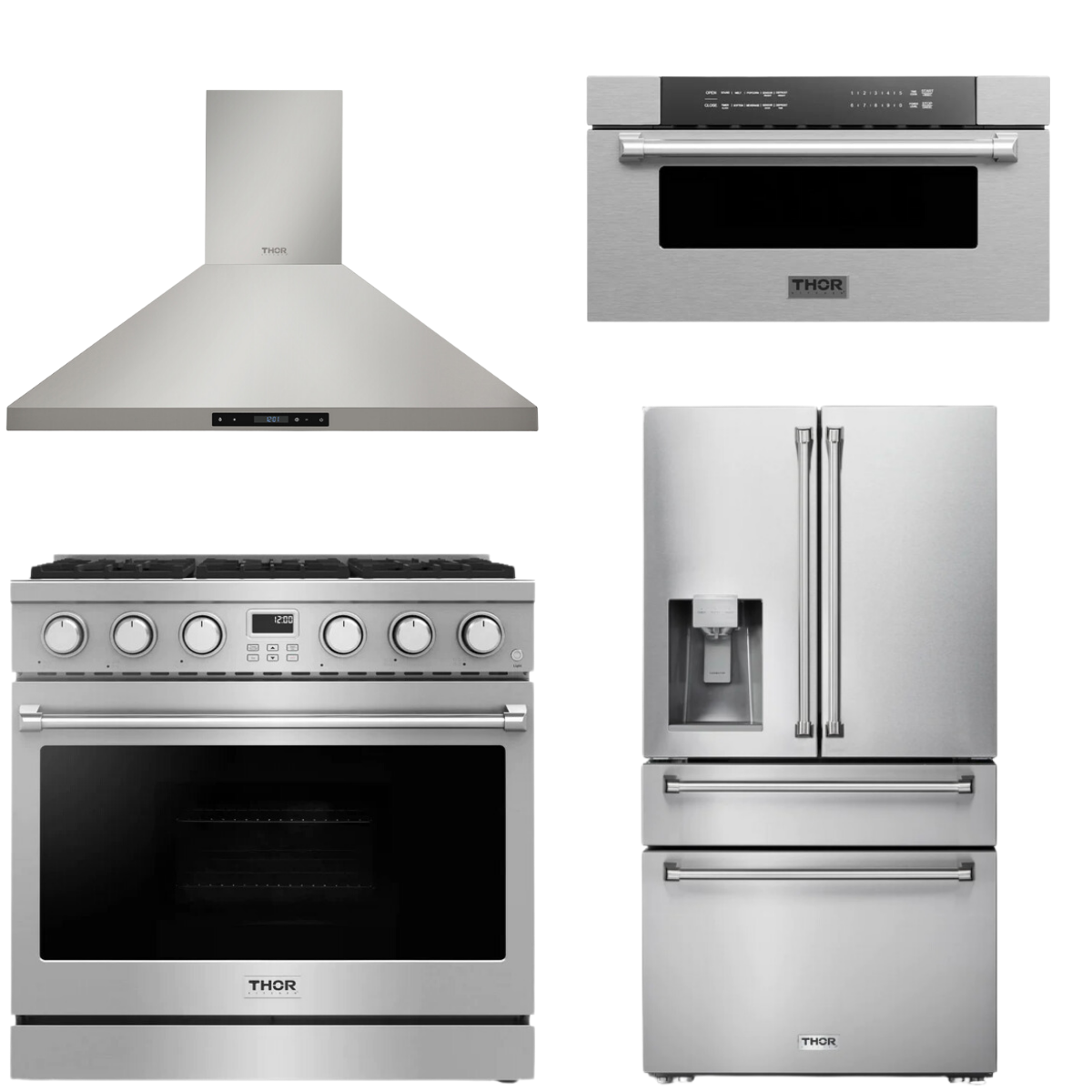 THOR Contemporary Package - 36" Gas Range, Range Hood, Refrigerator and Microwave, AP-ARG36-A63