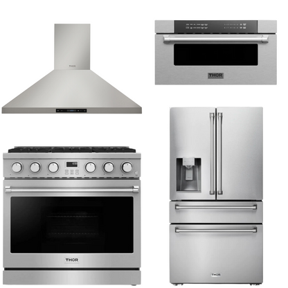 THOR Contemporary Package - 36" Gas Range, Range Hood, Refrigerator and Microwave, AP-ARG36-A63
