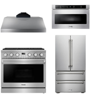 THOR Contemporary Package - 36" Gas Range, Range Hood, Refrigerator and Microwave, AP-ARG36-A64