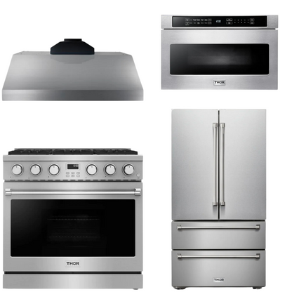 THOR Contemporary Package - 36" Gas Range, Range Hood, Refrigerator and Microwave, AP-ARG36-A64