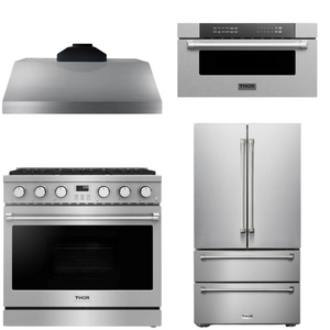 THOR Contemporary Package - 36" Gas Range, Range Hood, Refrigerator and Microwave, AP-ARG36-A65