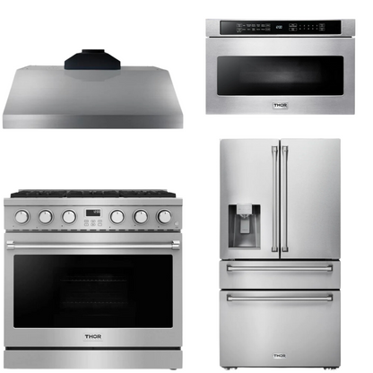 THOR Contemporary Package - 36" Gas Range, Range Hood, Refrigerator and Microwave, AP-ARG36-A66