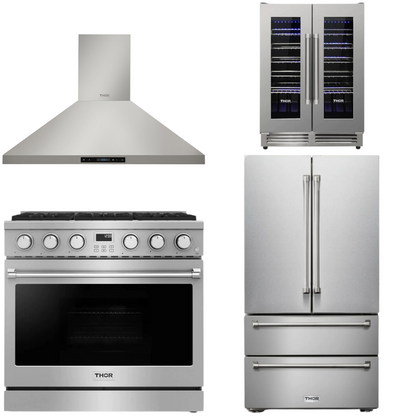 THOR Contemporary Package - 36" Gas Range, Range Hood, Refrigerator and Wine Cooler, AP-ARG36-A68