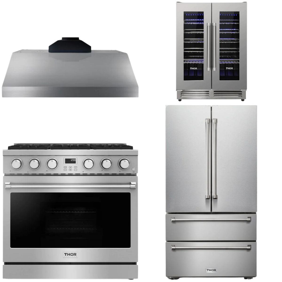 THOR Contemporary Package - 36" Gas Range, Range Hood, Refrigerator and Wine Cooler, AP-ARG36-A70