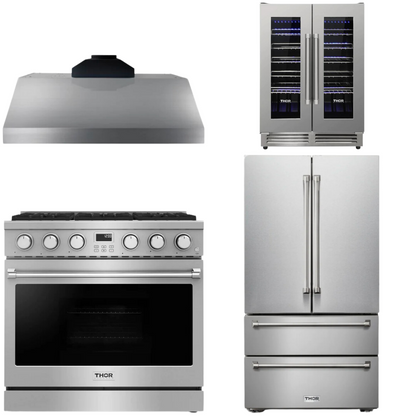 THOR Contemporary Package - 36" Gas Range, Range Hood, Refrigerator and Wine Cooler, AP-ARG36-A70