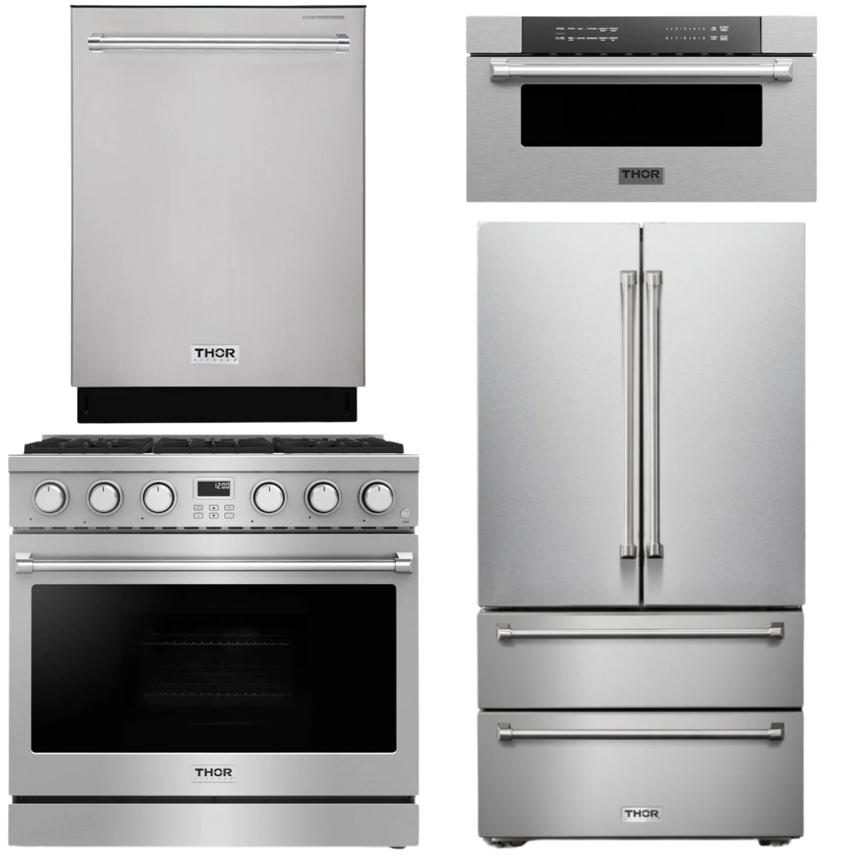THOR Contemporary Package - 36" Gas Range, Refrigerator, Dishwasher and Microwave, AP-ARG36-A75