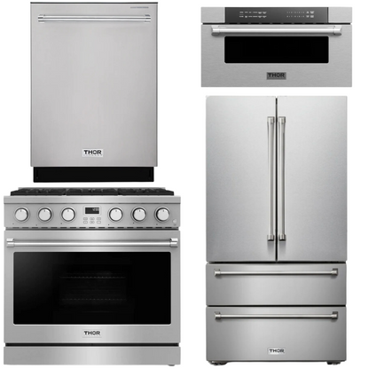 THOR Contemporary Package - 36" Gas Range, Refrigerator, Dishwasher and Microwave, AP-ARG36-A75