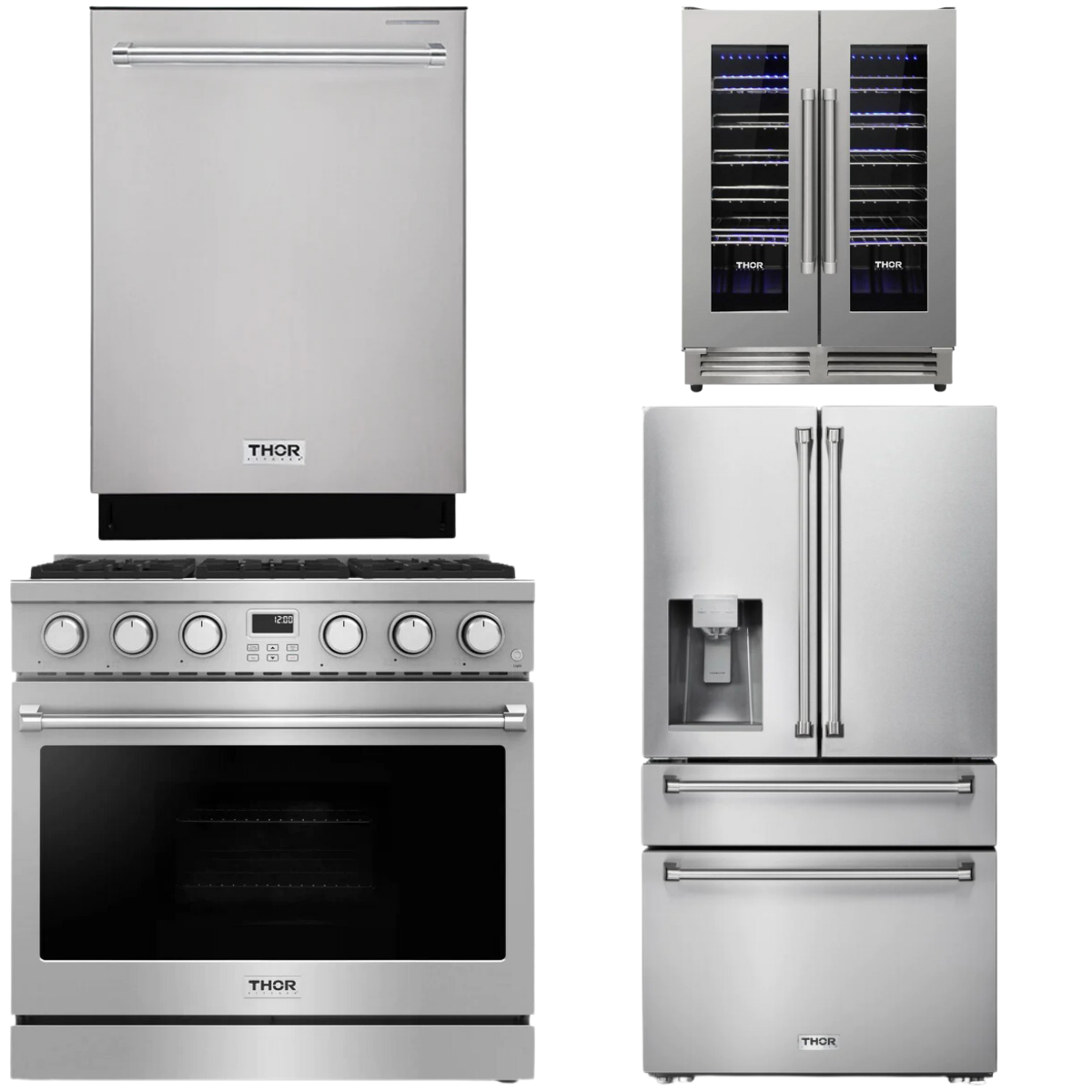 THOR Contemporary Package - 36" Gas Range, Refrigerator, Dishwasher and Wine Cooler, AP-ARG36-A82