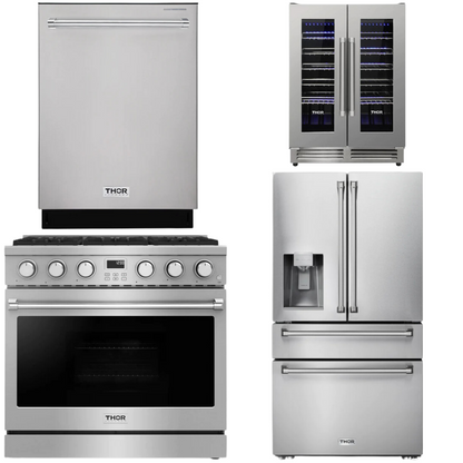 THOR Contemporary Package - 36" Gas Range, Refrigerator, Dishwasher and Wine Cooler, AP-ARG36-A82