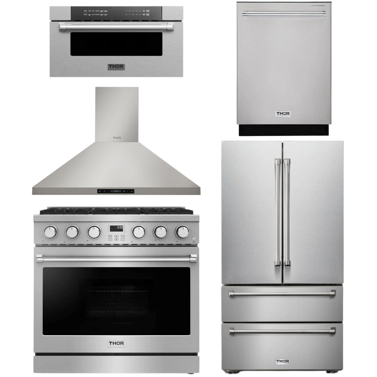 THOR Contemporary Package - 36" Gas Range, Range Hood, Refrigerator, Dishwasher and Microwave, AP-ARG36-A86