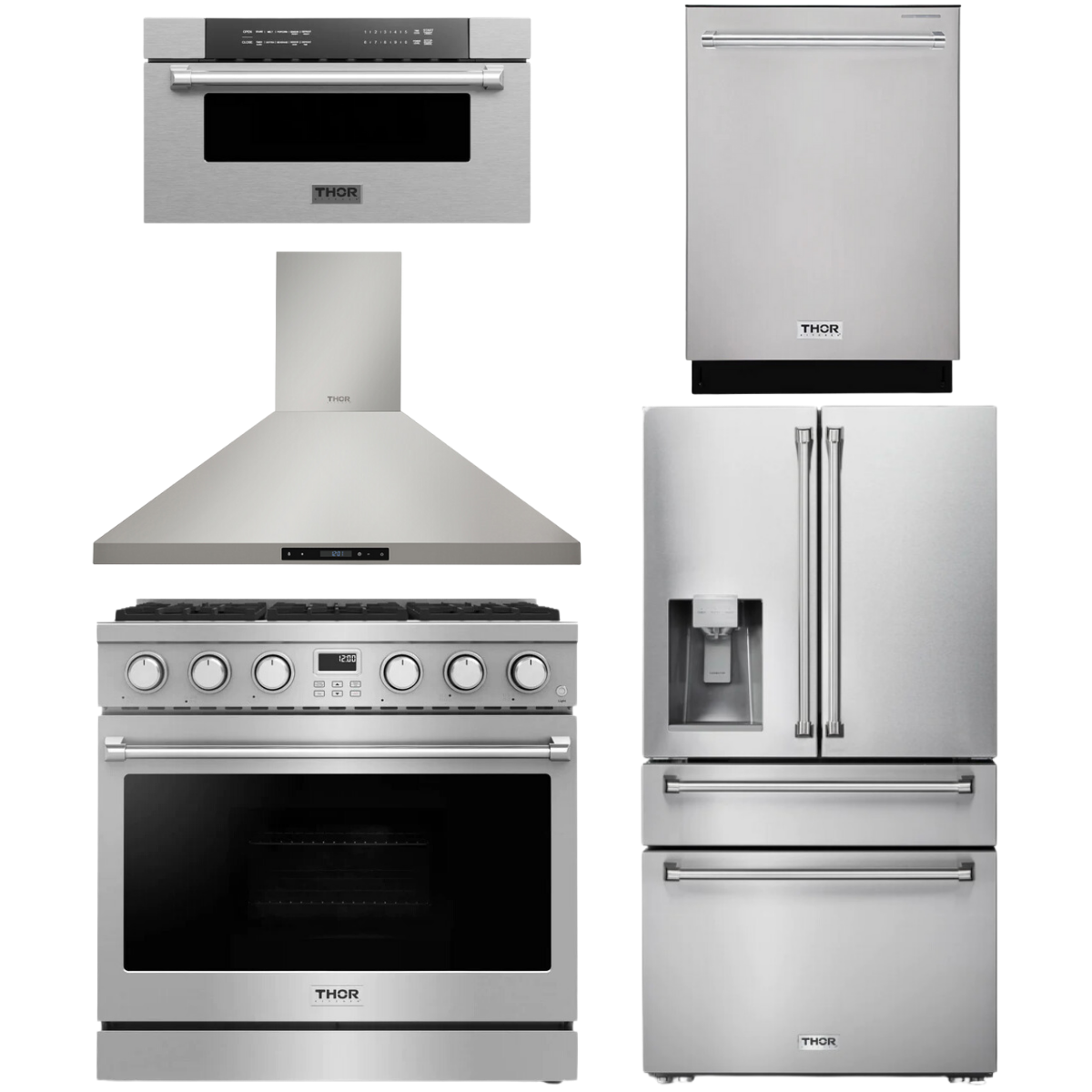THOR Contemporary Package - 36" Gas Range, Range Hood, Refrigerator, Dishwasher and Microwave, AP-ARG36-A90