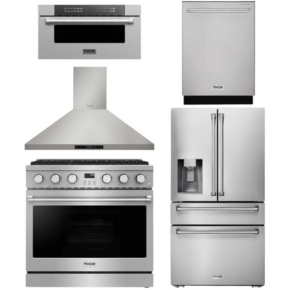 THOR Contemporary Package - 36" Gas Range, Range Hood, Refrigerator, Dishwasher and Microwave, AP-ARG36-A90