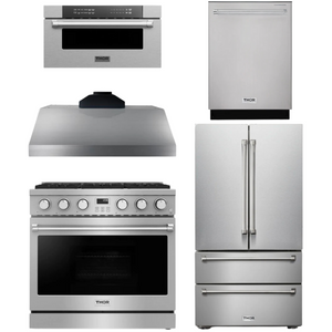THOR Contemporary Package - 36" Gas Range, Range Hood, Refrigerator, Dishwasher and Microwave, AP-ARG36-A94