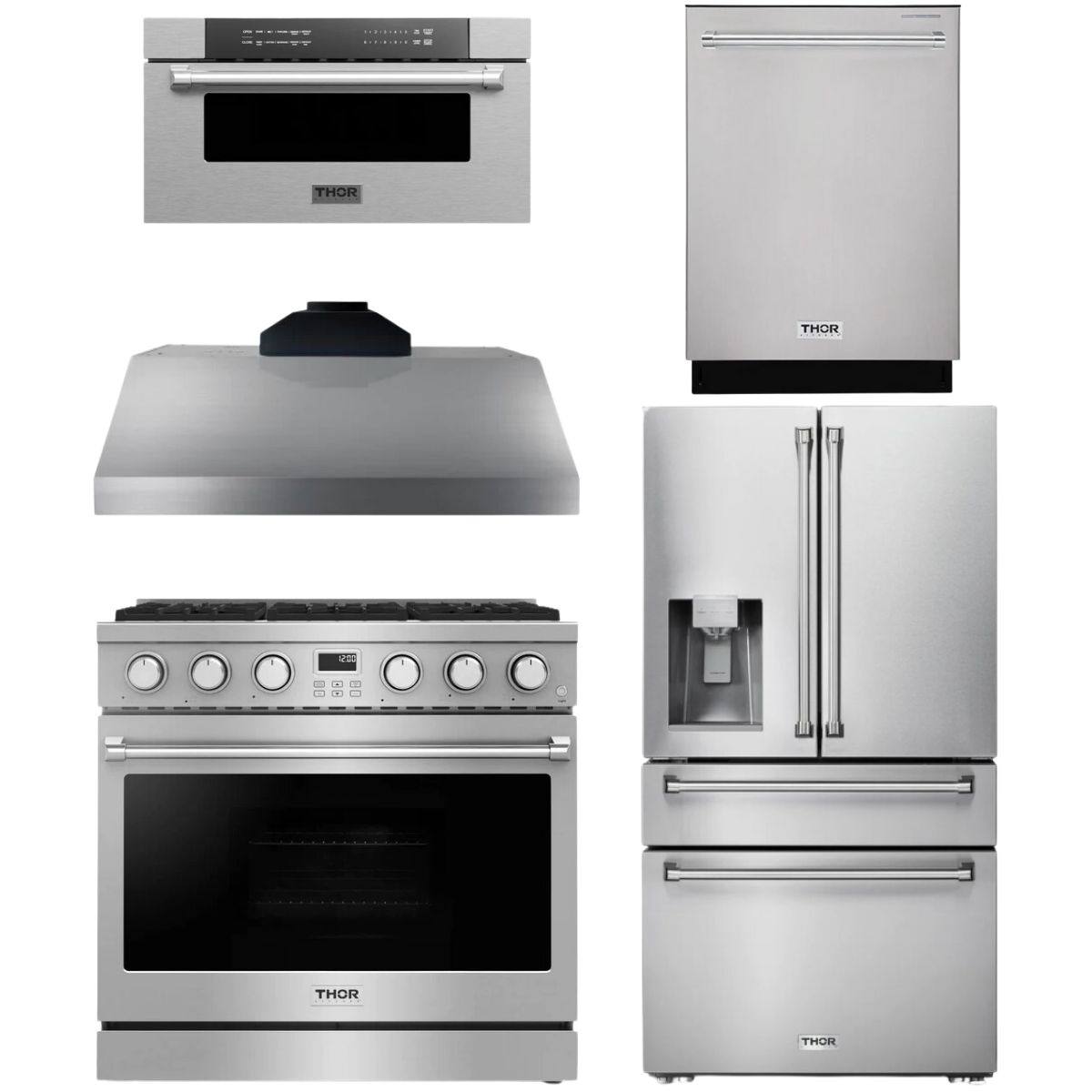 THOR Contemporary Package - 36" Gas Range, Range Hood, Refrigerator, Dishwasher and Microwave, AP-ARG36-A98