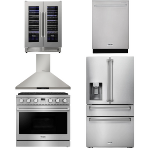THOR Contemporary Package - 36" Gas Range, Range Hood, Refrigerator, Dishwasher and Wine Cooler, AP-ARG36LP-B102