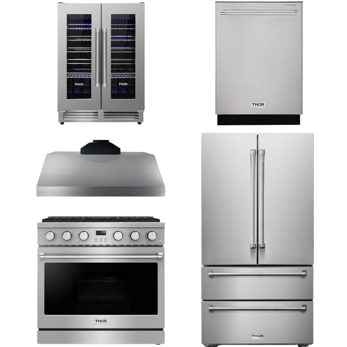 THOR Contemporary Package - 36" Gas Range, Range Hood, Refrigerator, Dishwasher and Wine Cooler, AP-ARG36LP-B104