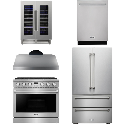 THOR Contemporary Package - 36" Gas Range, Range Hood, Refrigerator, Dishwasher and Wine Cooler, AP-ARG36LP-B104