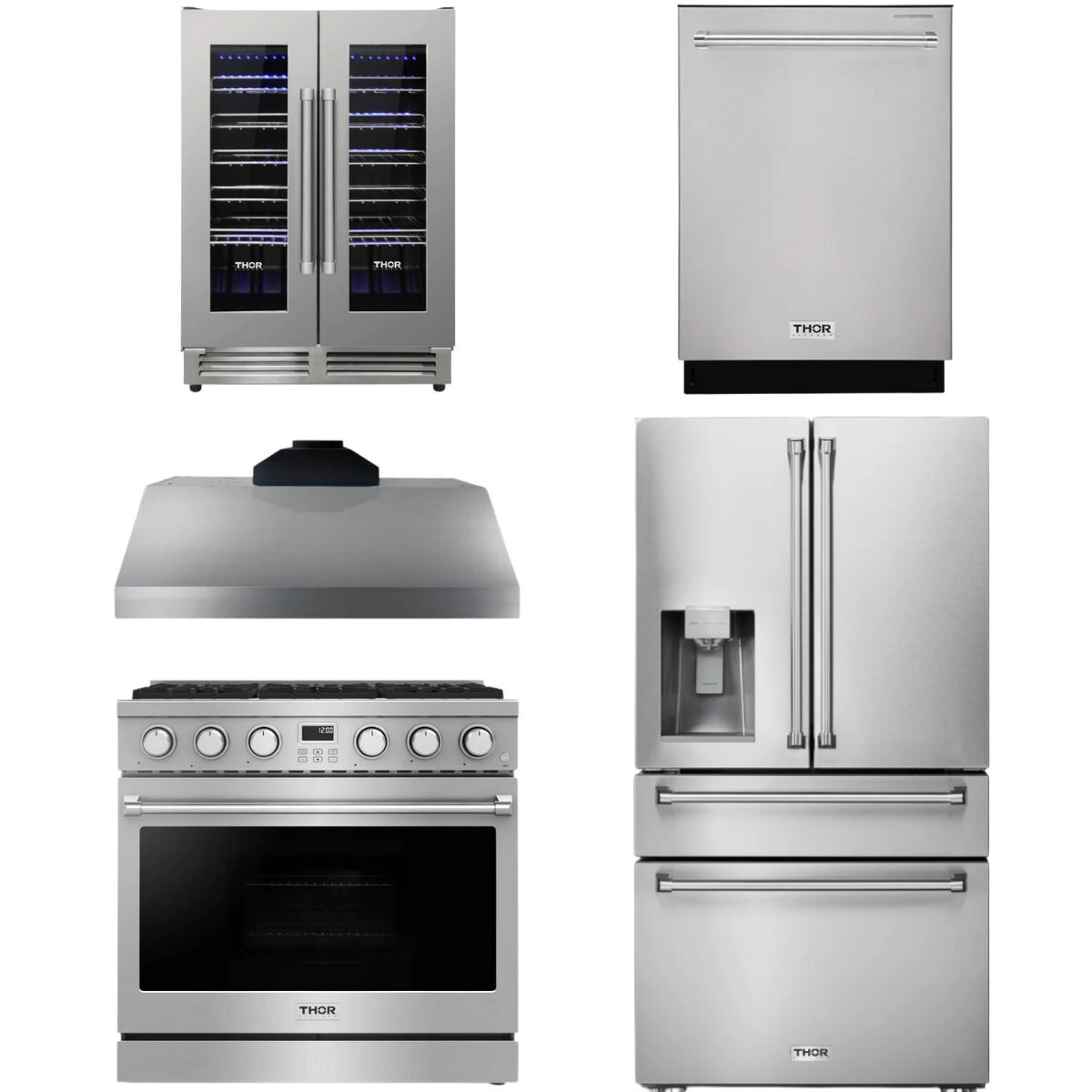 THOR Contemporary Package - 36" Gas Range, Range Hood, Refrigerator, Dishwasher and Wine Cooler, AP-ARG36LP-B106