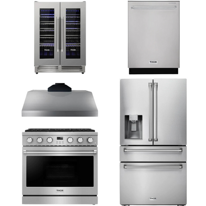 THOR Contemporary Package - 36" Gas Range, Range Hood, Refrigerator, Dishwasher and Wine Cooler, AP-ARG36LP-B106