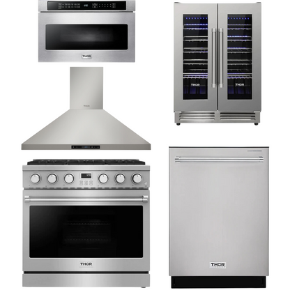 THOR Contemporary Package - 36" Gas Range, Range Hood, Dishwasher, Microwave and Wine Cooler, AP-ARG36LP-B109