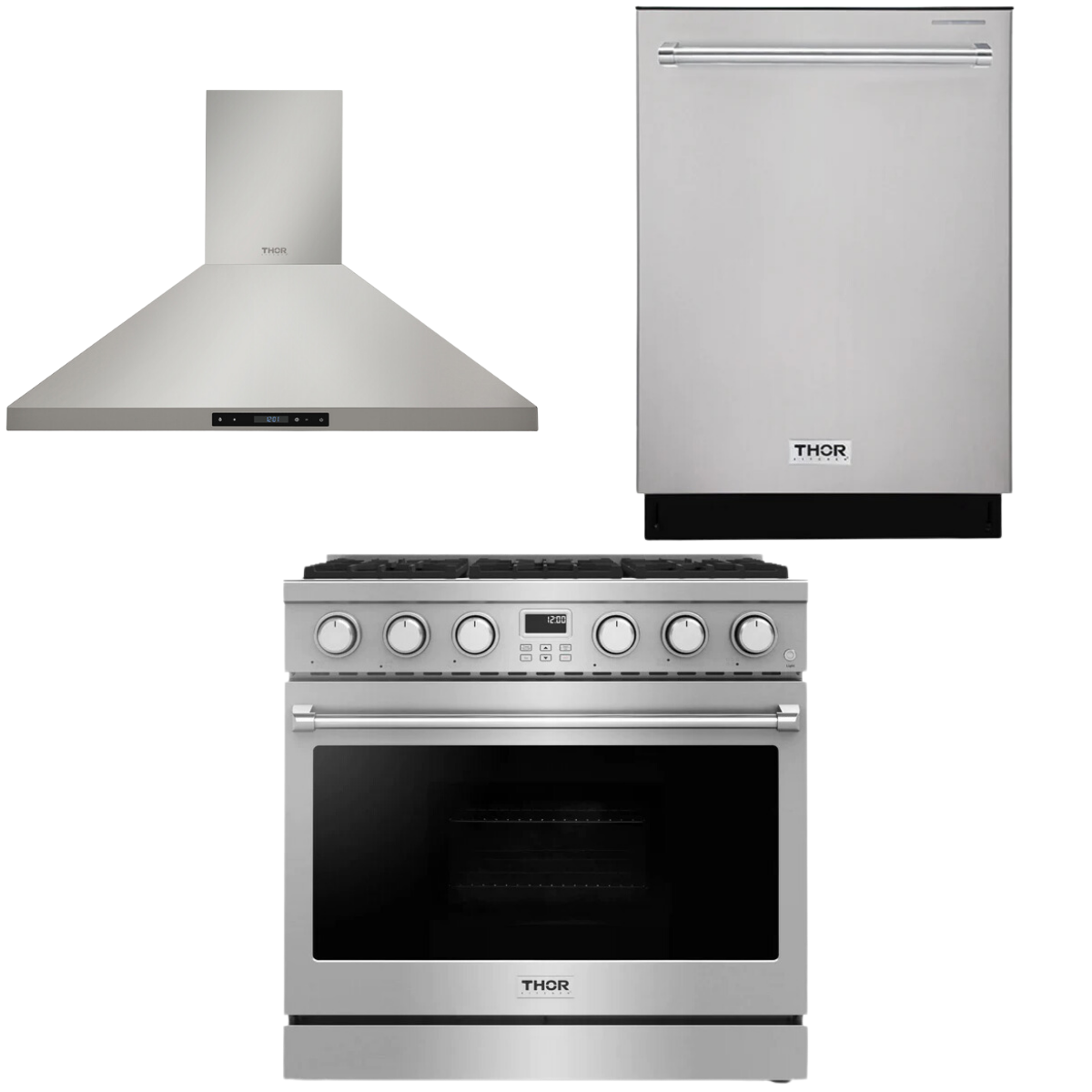 THOR Contemporary Package - 36" Gas Range, Range Hood and Dishwasher, AP-ARG36LP-B11