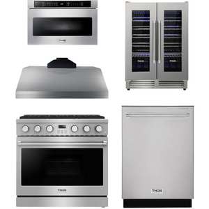 THOR Contemporary Package - 36" Gas Range, Range Hood, Dishwasher, Microwave and Wine Cooler, AP-ARG36LP-B113