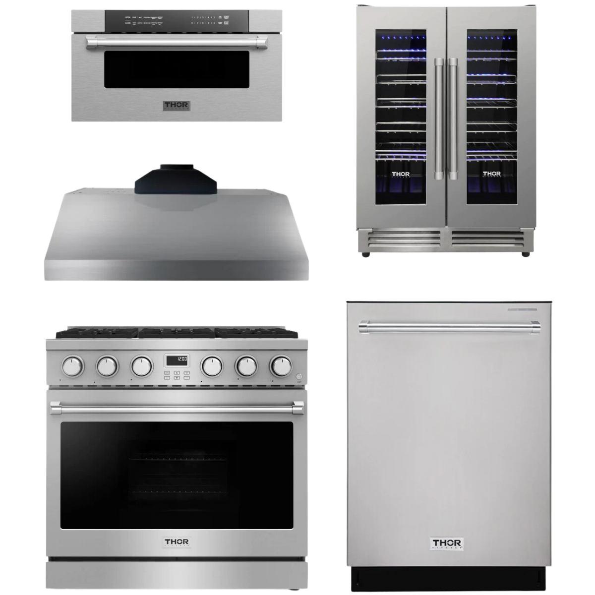 THOR Contemporary Package - 36" Gas Range, Range Hood, Dishwasher, Microwave and Wine Cooler, AP-ARG36LP-B114
