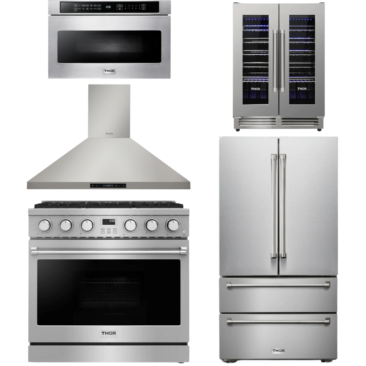 THOR Contemporary Package - 36" Gas Range, Range Hood, Refrigerator, Microwave and Wine Cooler, AP-ARG36LP-B115