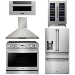 THOR Contemporary Package - 36" Gas Range, Range Hood, Refrigerator, Microwave and Wine Cooler, AP-ARG36LP-B118