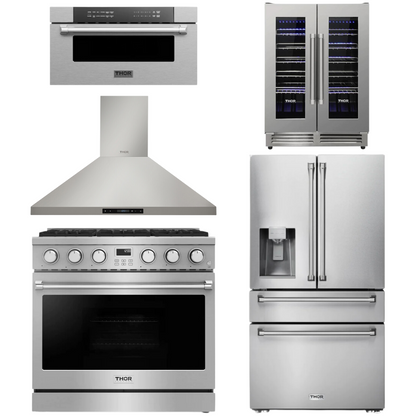 THOR Contemporary Package - 36" Gas Range, Range Hood, Refrigerator, Microwave and Wine Cooler, AP-ARG36LP-B118