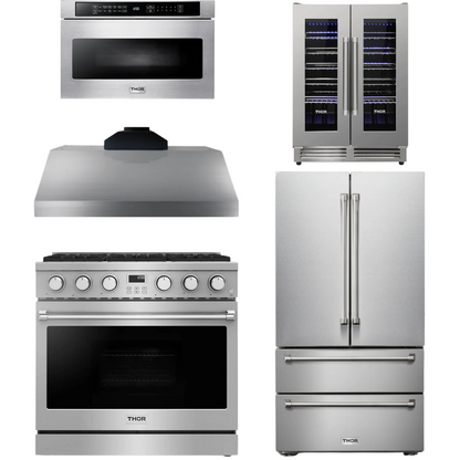 THOR Contemporary Package - 36" Gas Range, Range Hood, Refrigerator, Microwave and Wine Cooler, AP-ARG36LP-B119