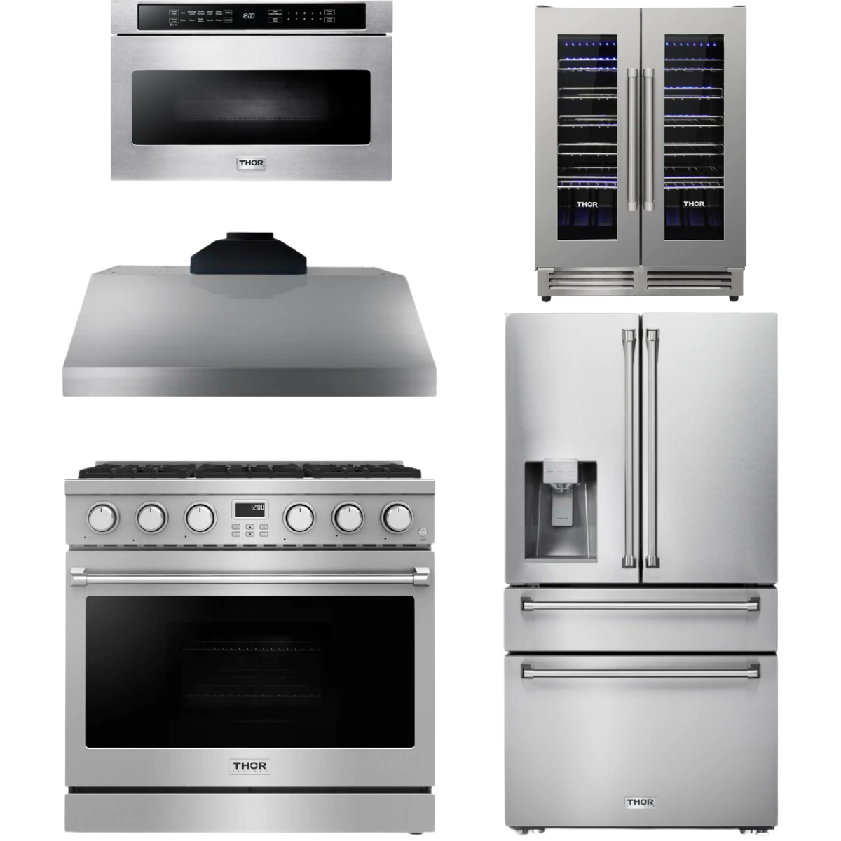 THOR Contemporary Package - 36" Gas Range, Range Hood, Refrigerator, Microwave and Wine Cooler, AP-ARG36LP-B121