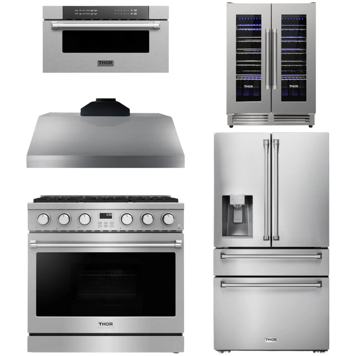 THOR Contemporary Package - 36" Gas Range, Range Hood, Refrigerator, Microwave and Wine Cooler, AP-ARG36LP-B122