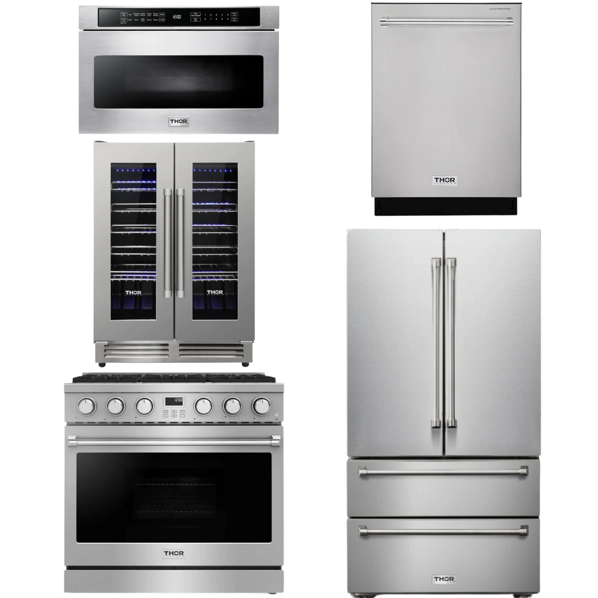 THOR Contemporary Package - 36" Gas Range, Refrigerator, Dishwasher, Microwave and Wine Cooler, AP-ARG36LP-B125