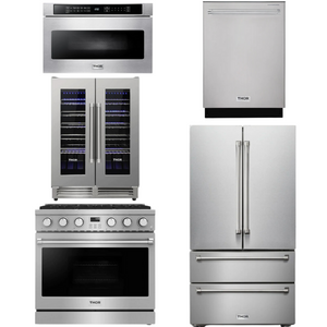 THOR Contemporary Package - 36" Gas Range, Refrigerator, Dishwasher, Microwave and Wine Cooler, AP-ARG36LP-B125