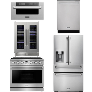 THOR Contemporary Package - 36" Gas Range, Refrigerator, Dishwasher, Microwave and Wine Cooler, AP-ARG36LP-B130