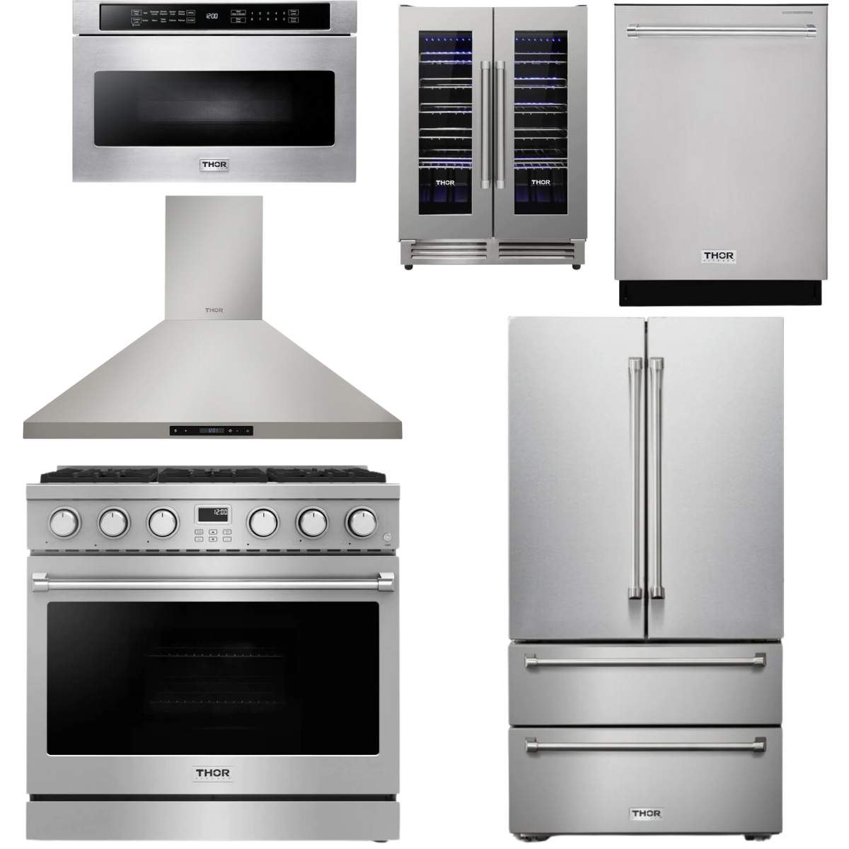 THOR Contemporary Package - 36" Gas Range, Range Hood, Refrigerator, Dishwasher, Microwave and Wine Cooler, AP-ARG36LP-B133