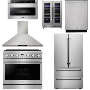 THOR Contemporary Package - 36" Gas Range, Range Hood, Refrigerator, Dishwasher, Microwave and Wine Cooler, AP-ARG36LP-B133