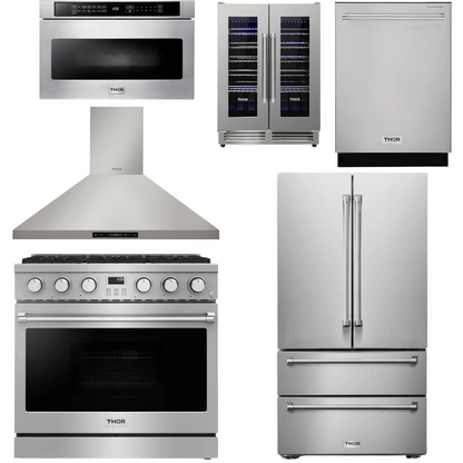 THOR Contemporary Package - 36" Gas Range, Range Hood, Refrigerator, Dishwasher, Microwave and Wine Cooler, AP-ARG36LP-B133