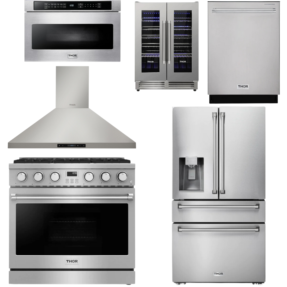 THOR Contemporary Package - 36" Gas Range, Range Hood, Refrigerator, Dishwasher, Microwave and Wine Cooler, AP-ARG36LP-B137
