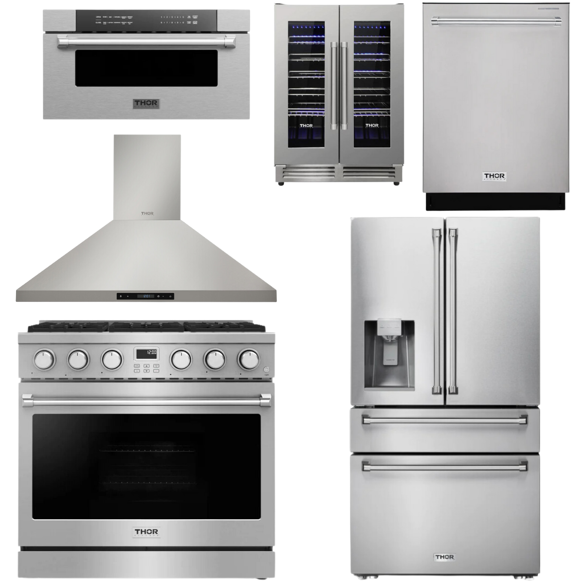 THOR Contemporary Package - 36" Gas Range, Range Hood, Refrigerator, Dishwasher, Microwave and Wine Cooler, AP-ARG36LP-B138