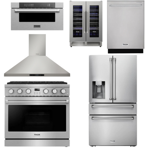 THOR Contemporary Package - 36" Gas Range, Range Hood, Refrigerator, Dishwasher, Microwave and Wine Cooler, AP-ARG36LP-B138