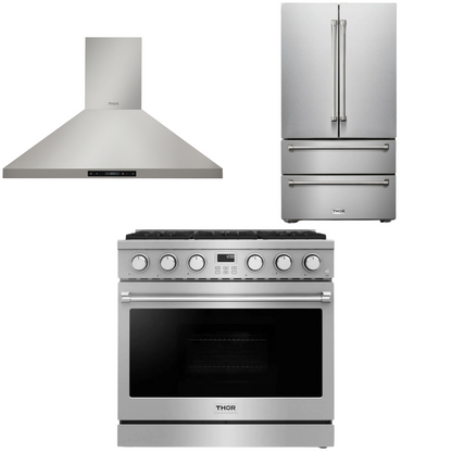 THOR Contemporary Package - 36" Gas Range, Range Hood and Refrigerator, AP-ARG36LP-B14